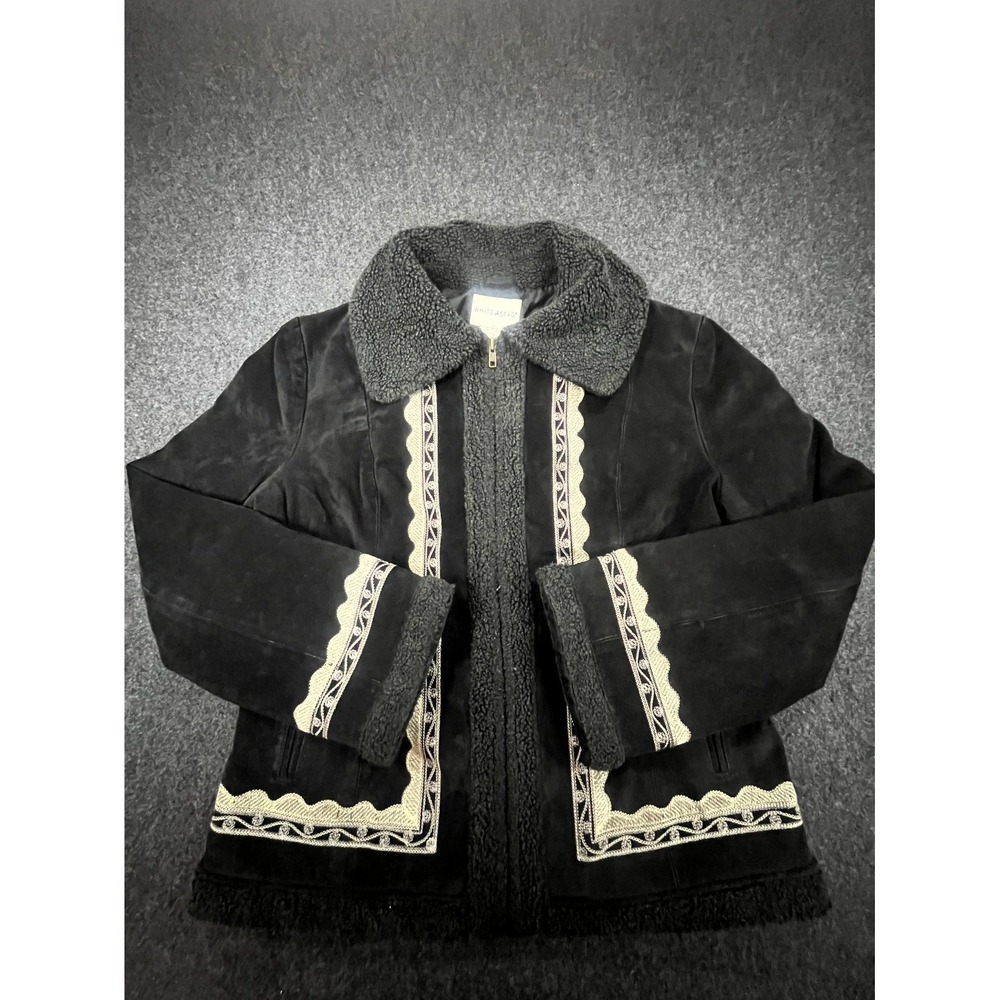 White Stag Jacket Womens L 12/14 Black Suede Sherpa Embroidered Full Zip Winter